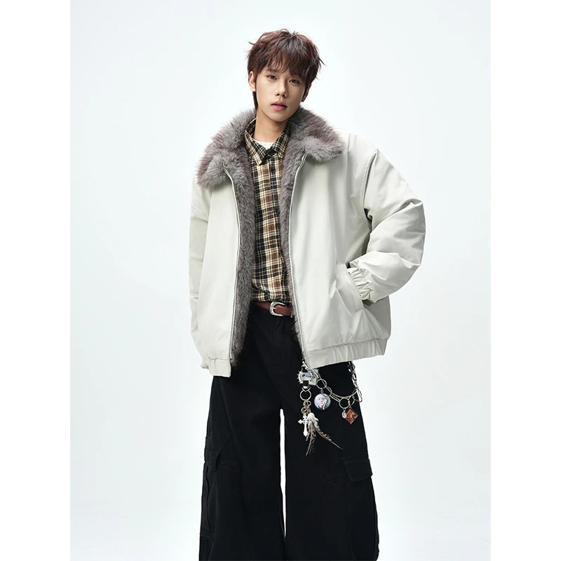 美式藏青色狼王座山雕夹克棉服男女冬季重磅加绒加厚毛领棉衣外套