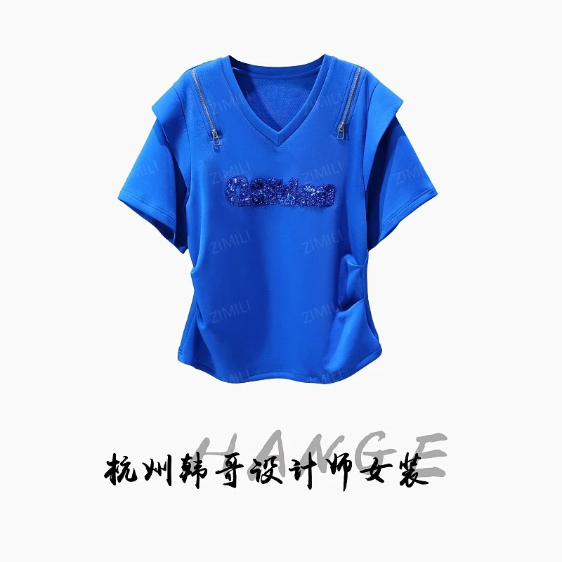 【韩哥女装】小众设计师款高定景泰蓝钉珠压褶V领休闲重工短袖9791