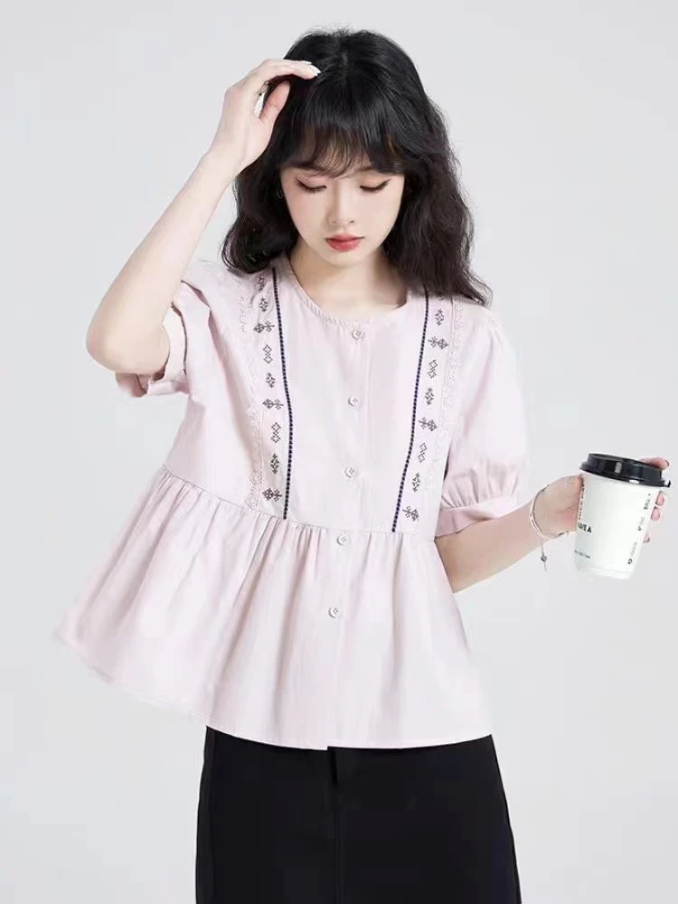 法式复古刺绣短袖衬衫女夏季2025新款小个子收腰遮肚小衫上衣显瘦