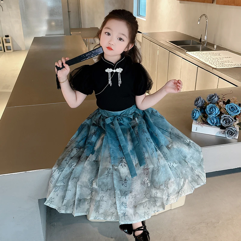 女童洋气夏季复古中国风马面裙套装女孩古风新中式百搭国潮风套装