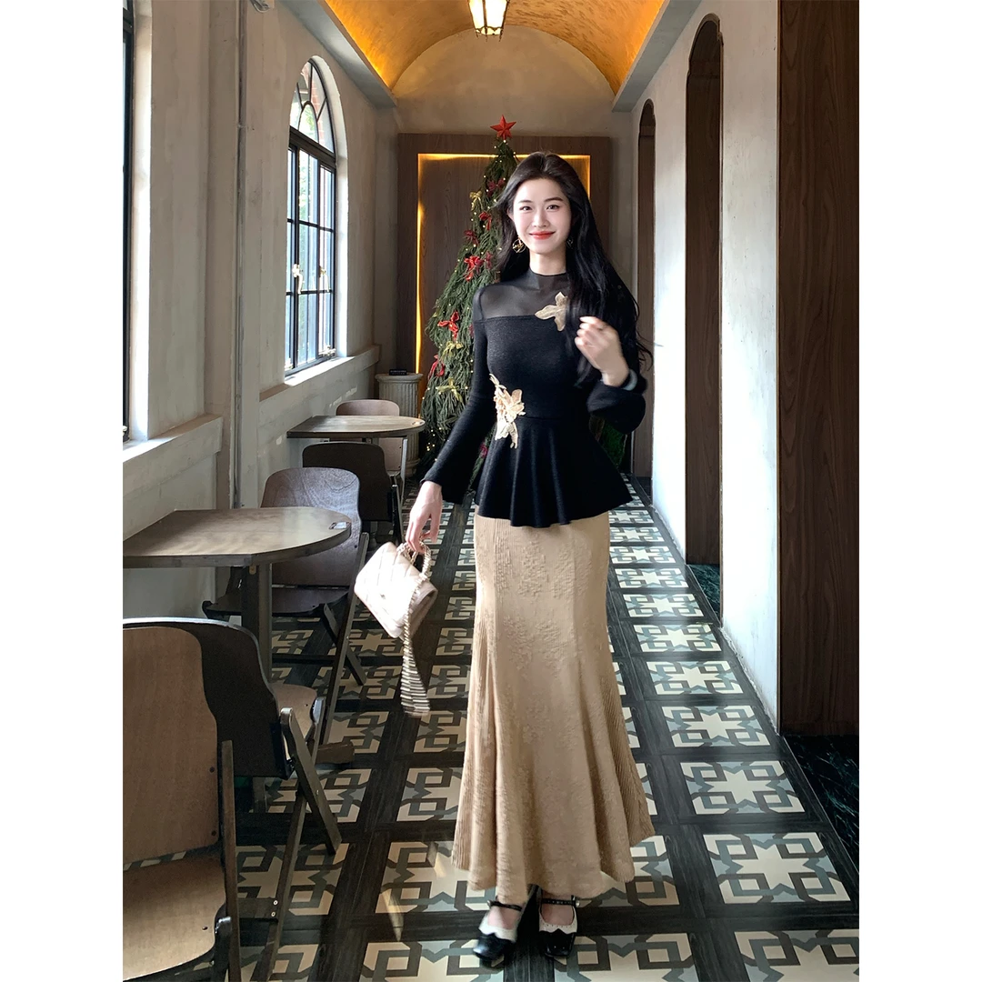 凌茜恣禾【棕影】法式针织半身裙女冬季鱼尾蕾丝气质显瘦长裙女