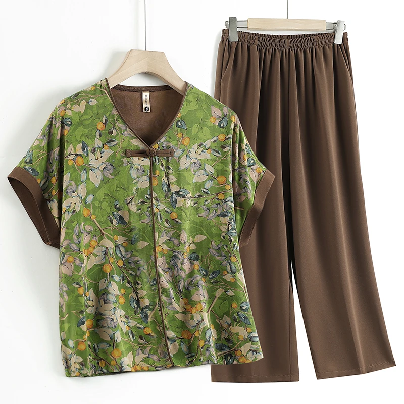 中老年人奶奶装夏季短袖衬衫老太太衣服领套头两件套