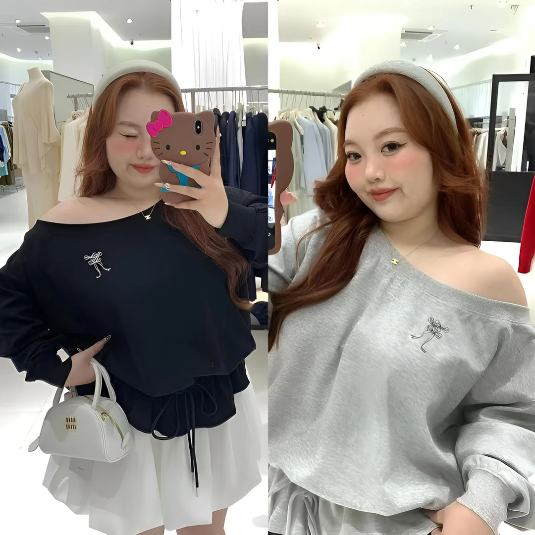 慧芝huizhi 21299斜肩蝴蝶结刺绣上衣 定制款 芭蕾少女风抽绳卫衣