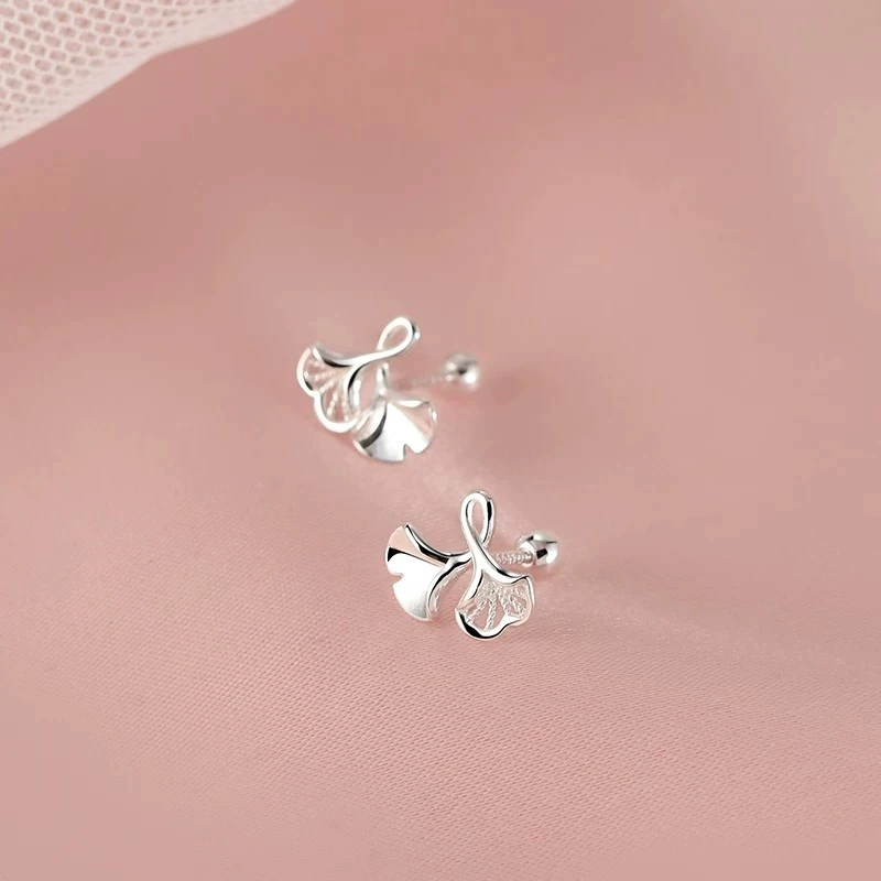 足银耳饰 999纯银银杏叶螺丝耳钉女气质耳环简约百搭高级感耳饰