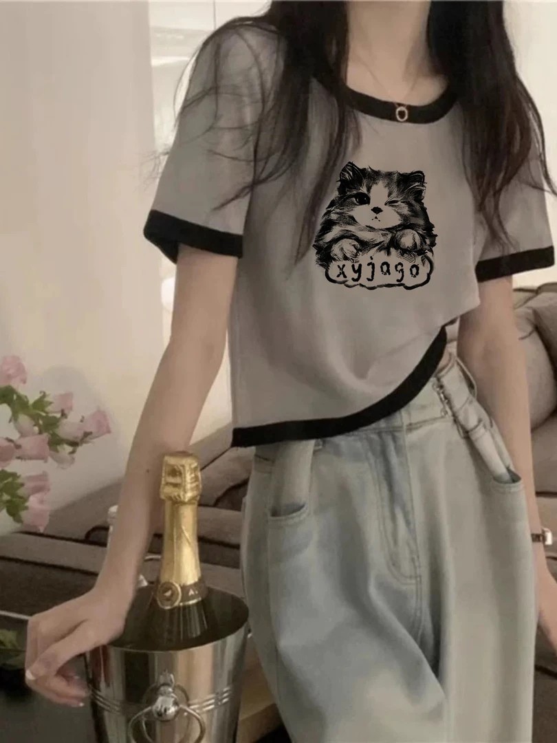 撞色拼接高腰短款辣妹韩版上衣圆领t恤女款短袖夏季新款显瘦百搭