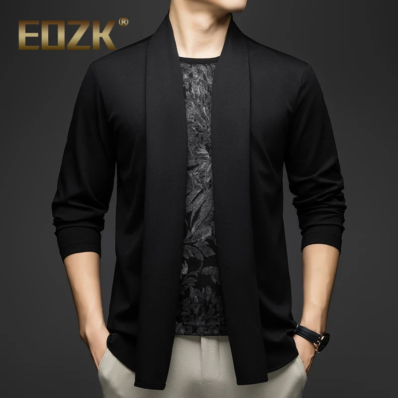 Eozk百搭假两件套长袖T恤男春秋季休闲潮流开衫圆领雅痞披风体恤