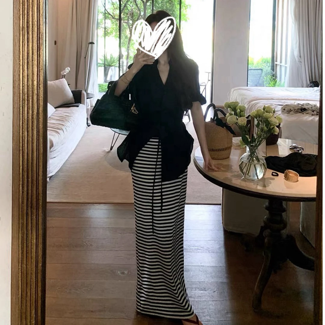 运补｝现货早秋新宽松百搭简约老钱风衬衫条纹直筒长款半身裙套装