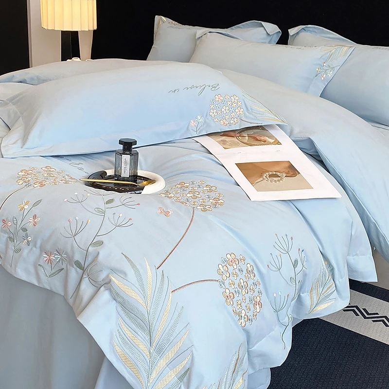 水星高端家纺绣花A类长绒棉160支加厚磨毛纯棉四件套全棉床单被罩