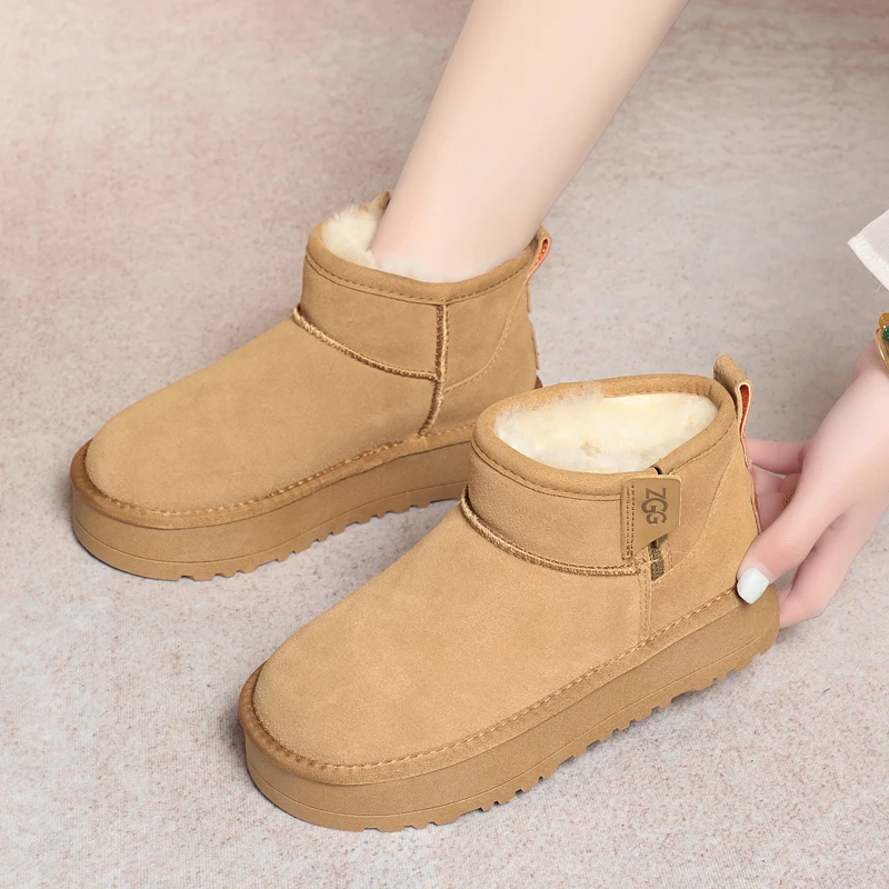 保暖时尚雪地靴短筒加厚雪地靴牛皮羊毛百搭真皮加绒平底勃肯韩版