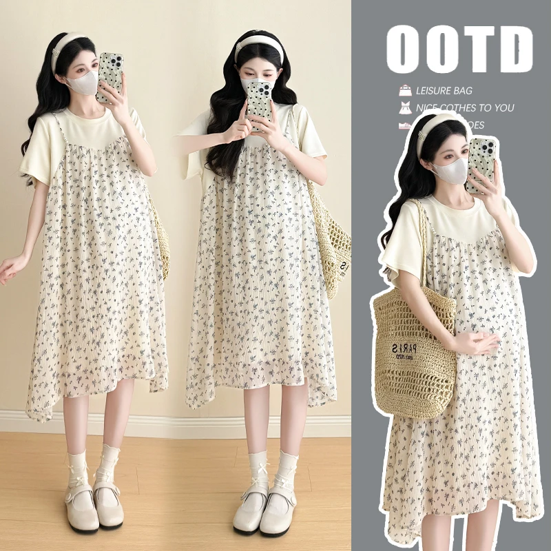 孕妇装2025夏季新款时尚简约吊带珠珠冰丝面料假两件孕妇连衣裙