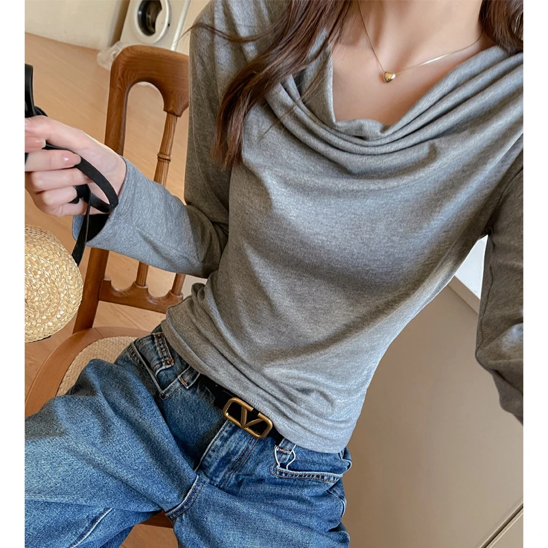 2025新款莫代尔荡领秋冬季长袖打底衫女内搭设计感t恤不规则上衣