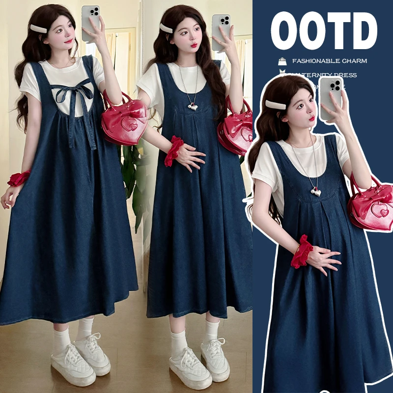 时髦孕妇装2025夏爆款洋气法式时尚气质减龄牛仔背带裙孕妇连衣裙
