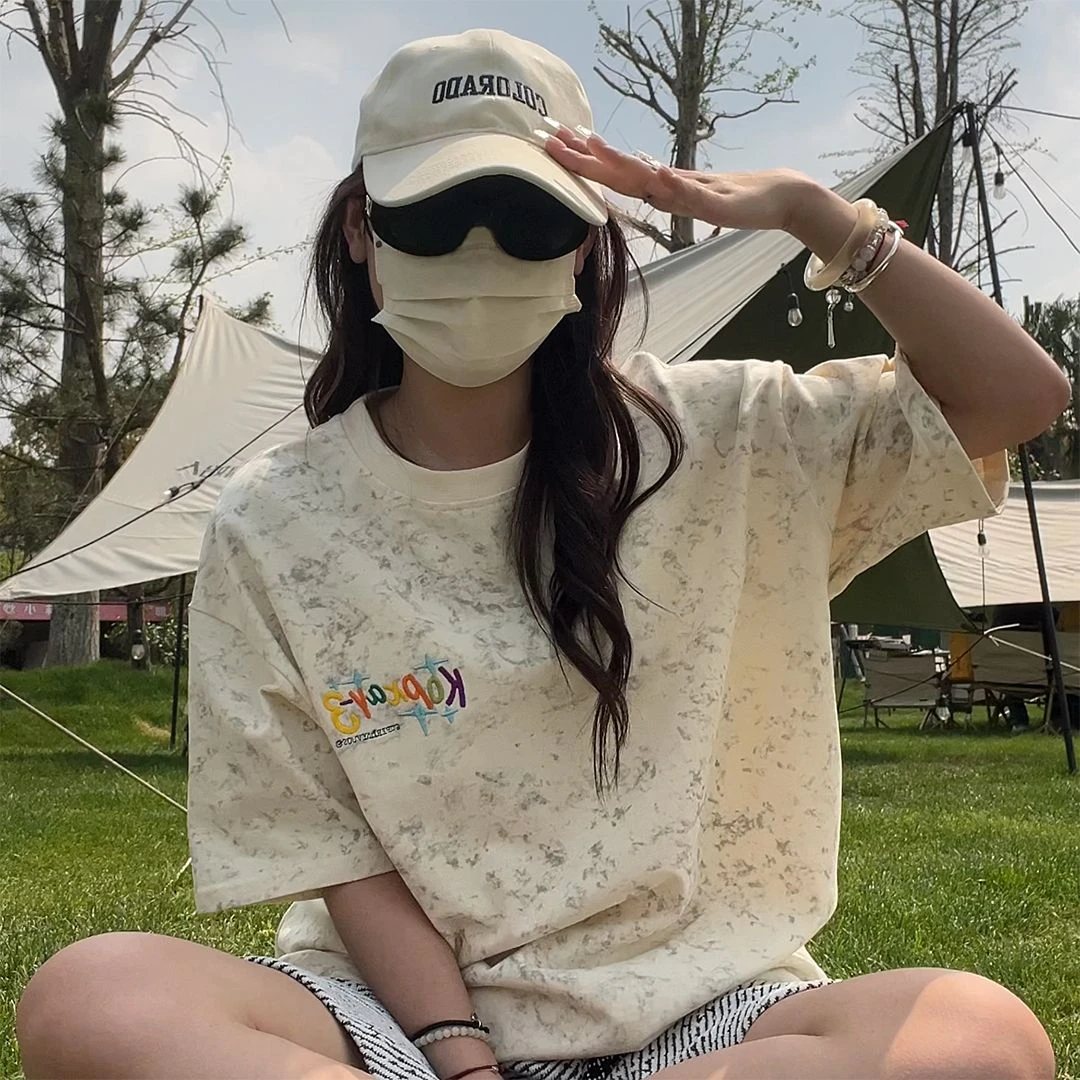 夏季冰感棉扎染工艺刺绣短袖男设计感小众美式复古重磅卫衣推荐男