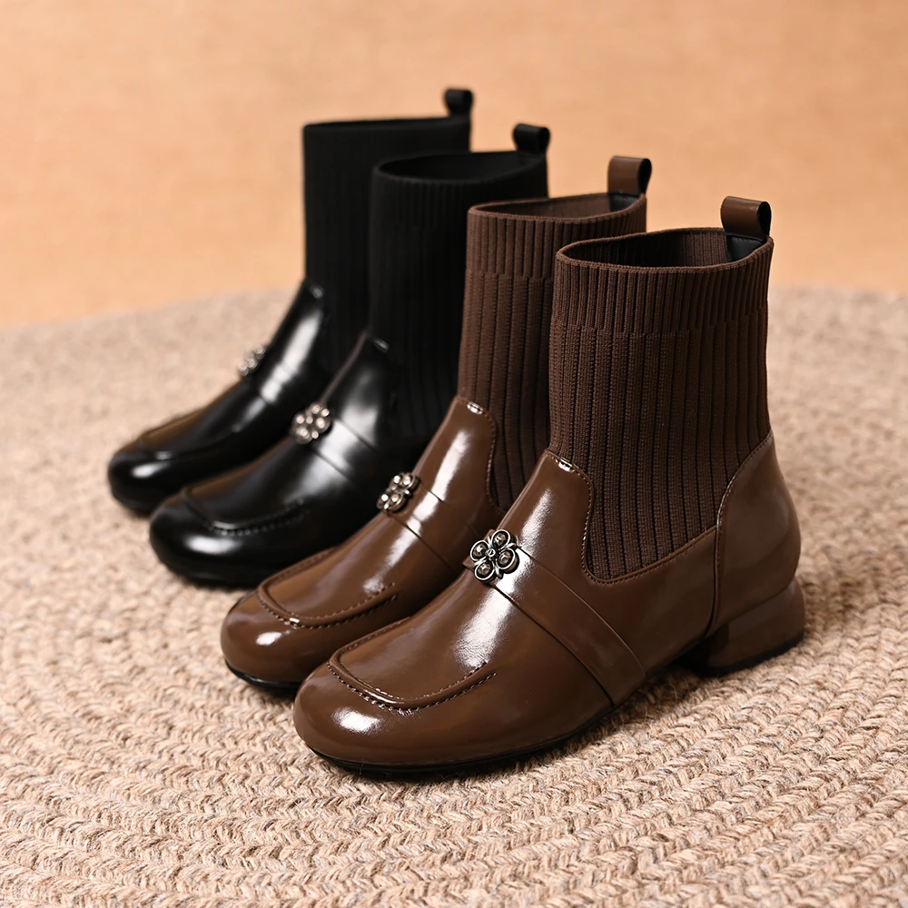 法式复古针织拼接短靴女2025秋冬新款袜靴百搭圆头粗跟弹力瘦瘦靴