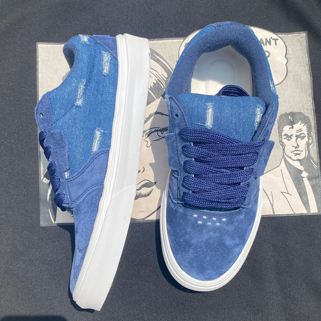 爆款秋季新款男士破损风蓝色厚鞋舌面包鞋男鞋女鞋大码百搭帆布鞋