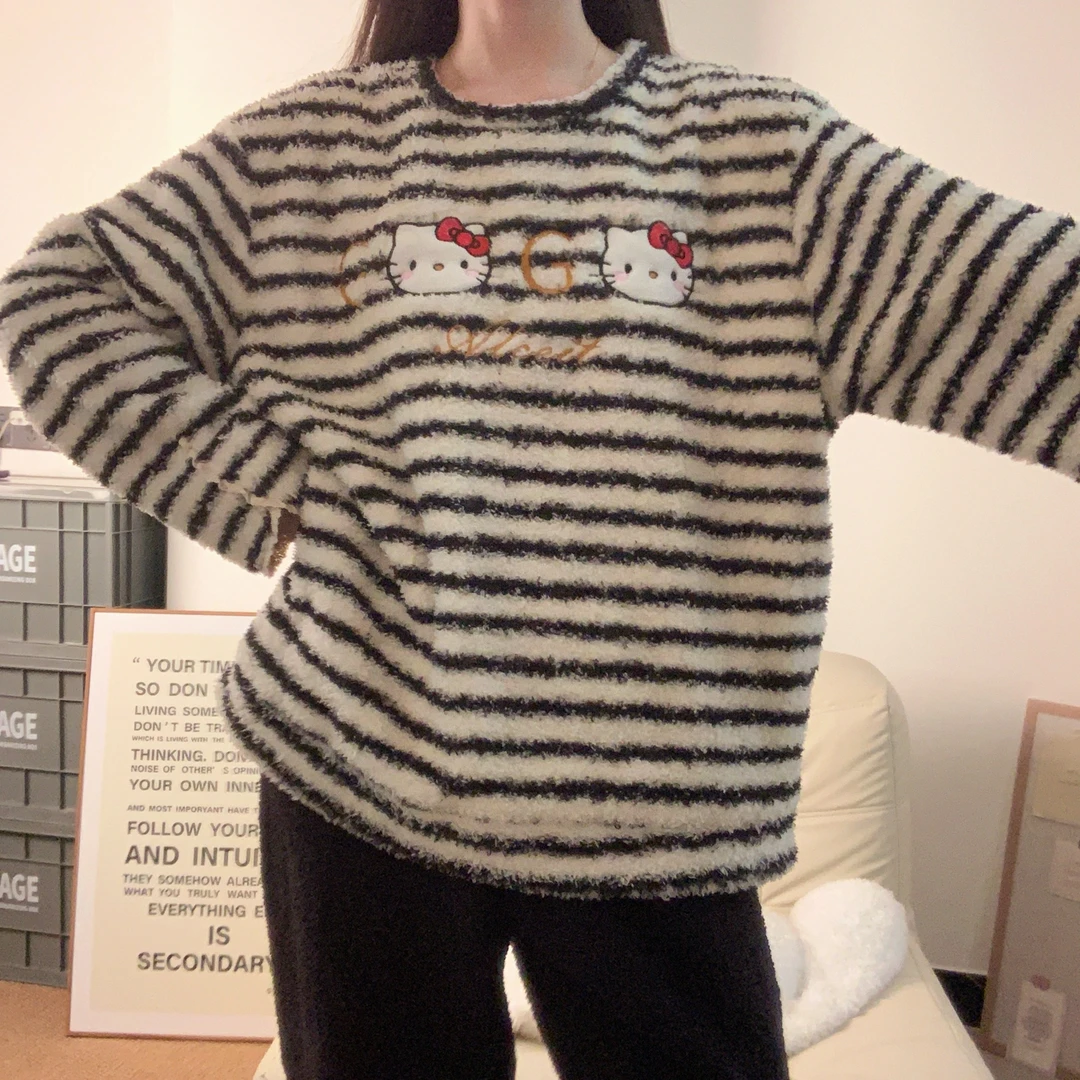 可爱学生条纹KT猫睡衣女冬季半边绒加厚保暖圆领珊瑚绒家居服套装