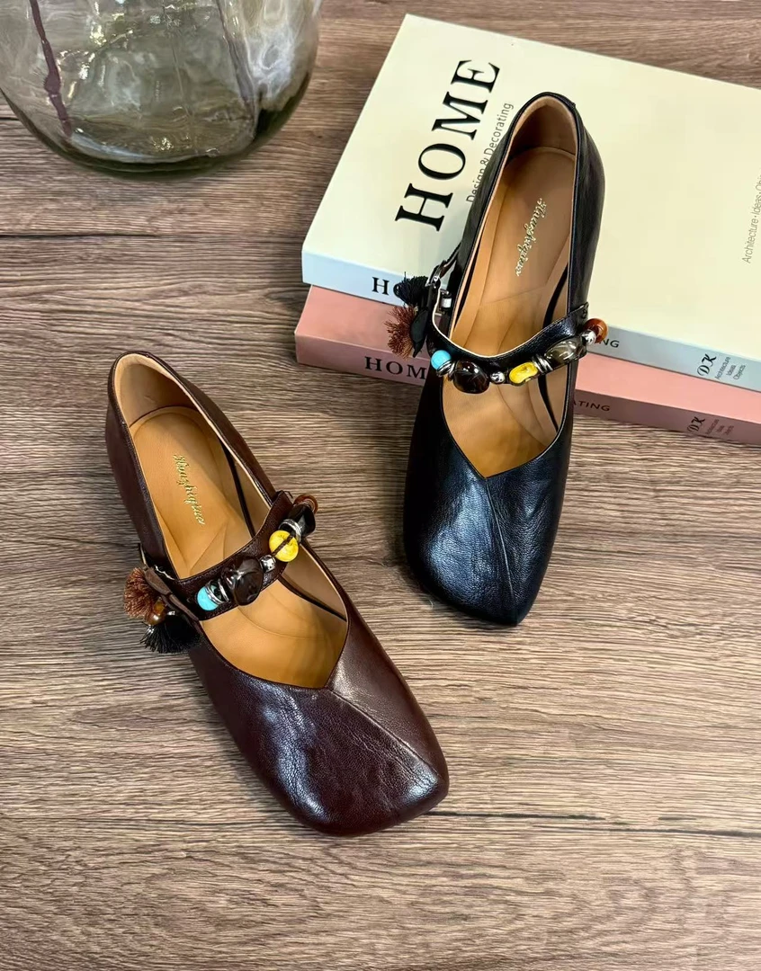 爆款流行气质洋气显高级女士春季单鞋软底秋季复古低跟串珠