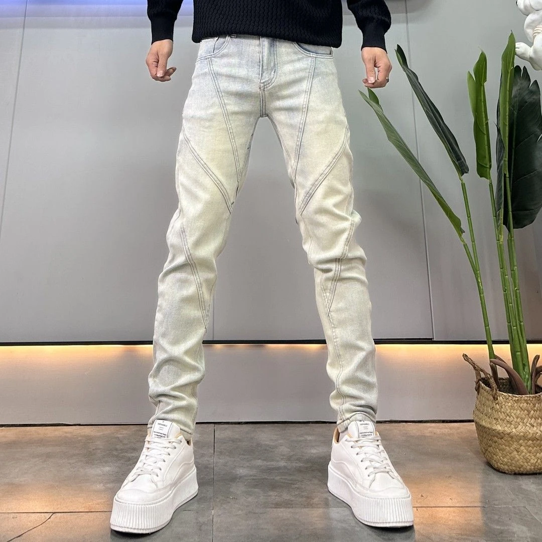 美式街头拼接修身牛仔裤男士春夏潮牌百搭水洗做旧小众小直筒长裤