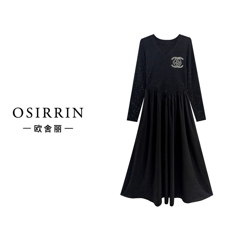 OSIRRIN秋季烫钻气质时尚修身长袖连衣裙Q9297