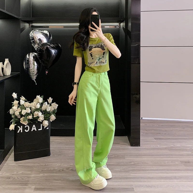 多巴胺甜辣短袖T恤女夏2025新款纯欲别致短款上衣阔腿牛仔裤套装