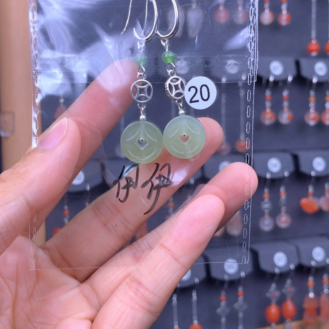 和田玉耳饰银S925镶嵌伊*