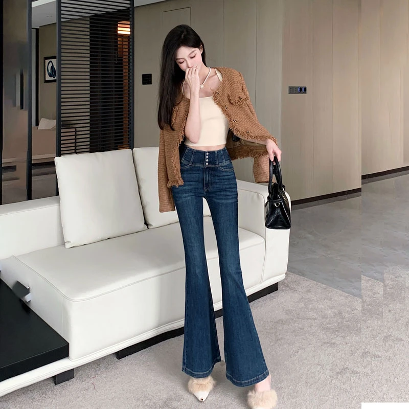 水洗春秋高腰女牛仔裤外穿喇叭裤百搭弹力微喇叭显瘦修身裤子长裤