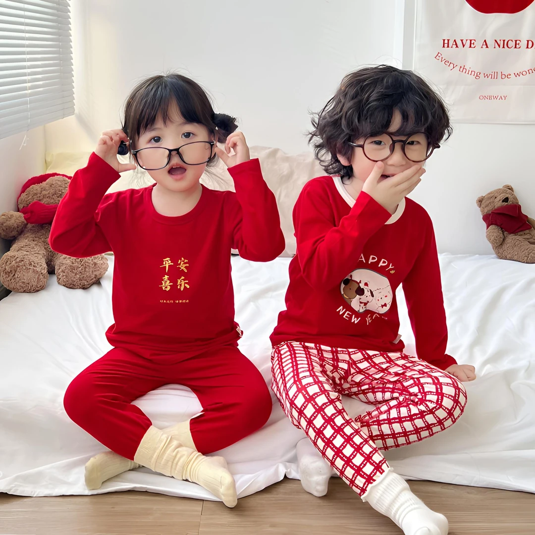 贺岁新年红色儿童莱卡套装宝宝秋冬秋衣套装-304