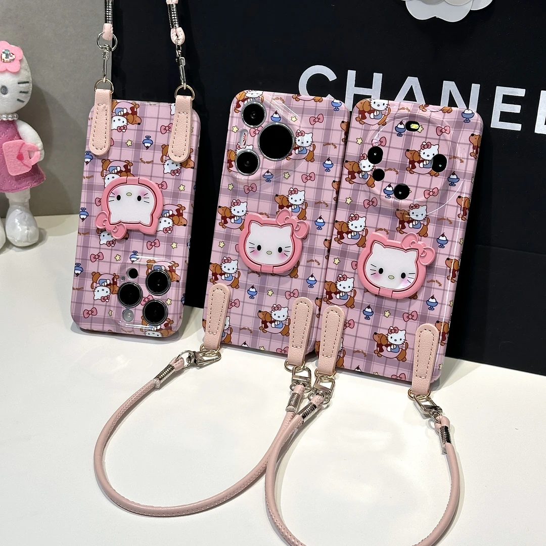 粉色格纹KT猫支架适用苹果17挂绳手机壳15/16华为70vivoppo小米女