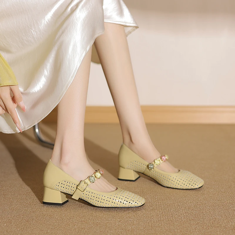 4cm 春夏季圆头时装高跟凉鞋法式复古一字浅口玛丽珍百搭女单鞋子