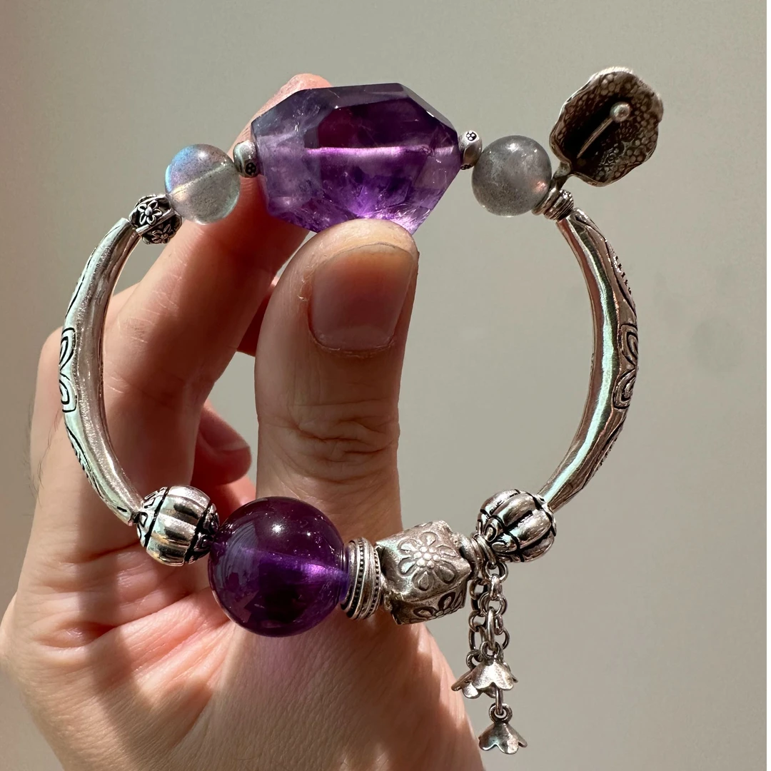 S09915<非晚>s925银紫水晶双鱼弯管灰月光瓜珠五瓣花流苏弹力手串