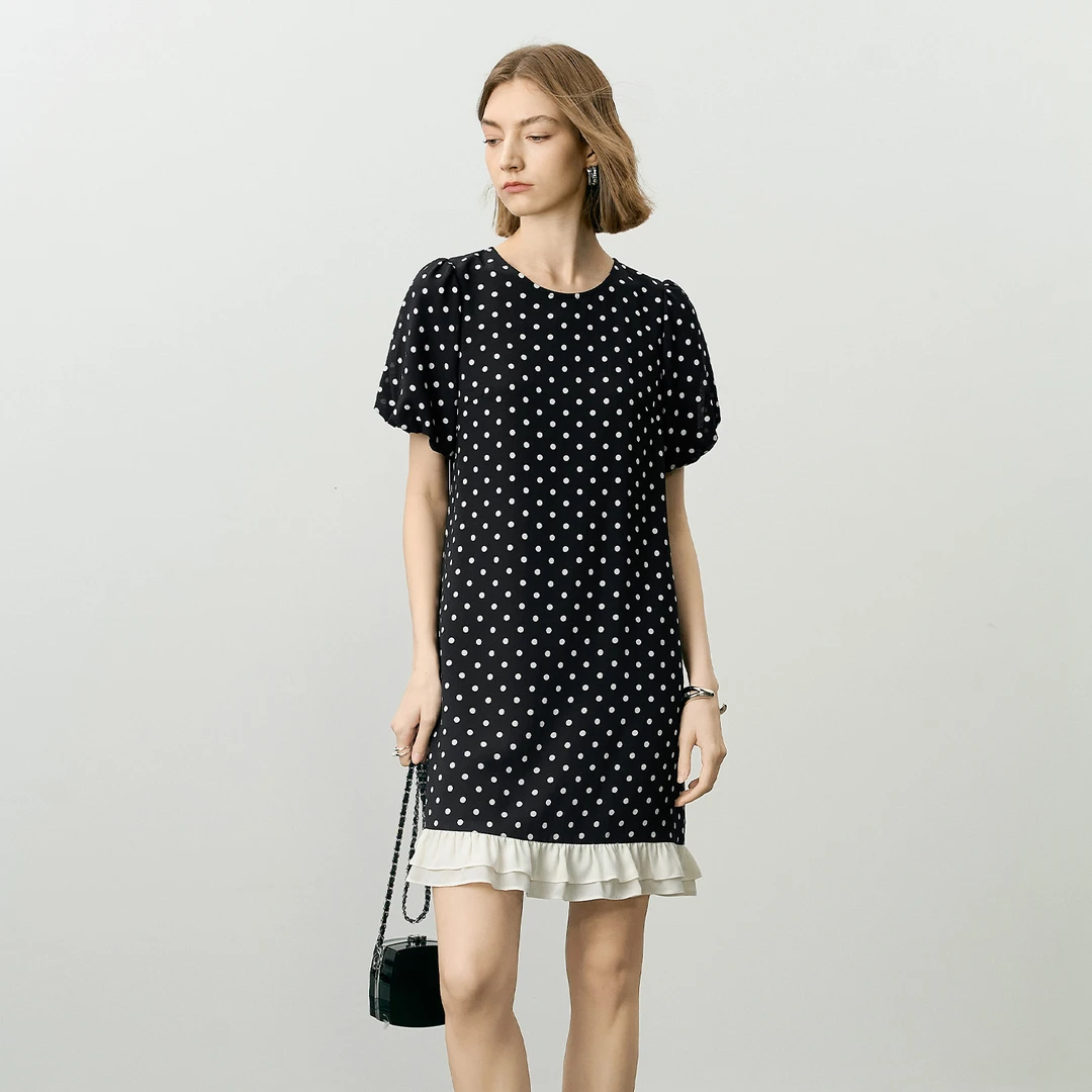 颜域短款波点连衣裙女名媛气质收腰显瘦拼接鱼尾裙子20S251138