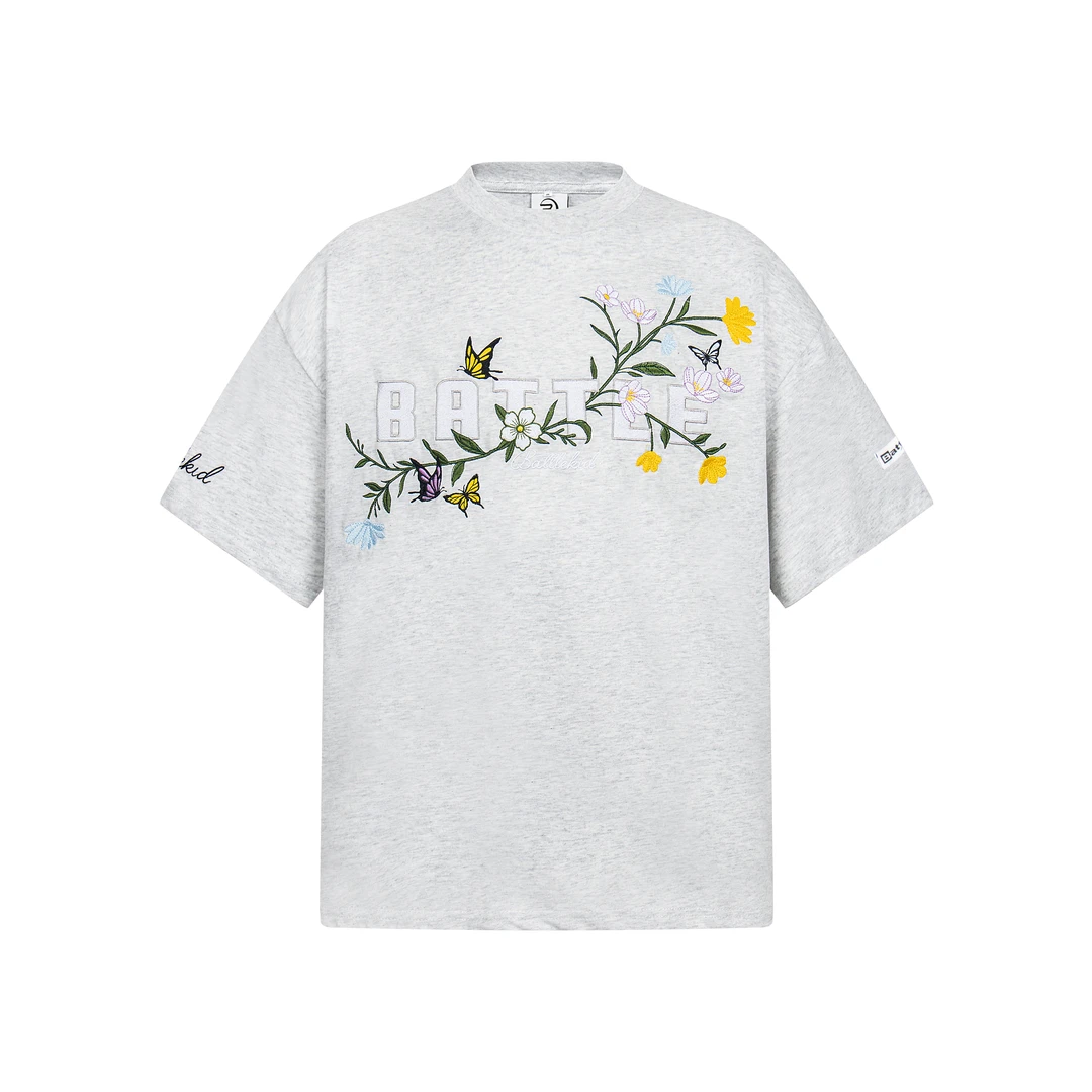 SREK美式复古花卉民族风刺绣短袖T恤男女街头百搭宽松情侣上衣夏