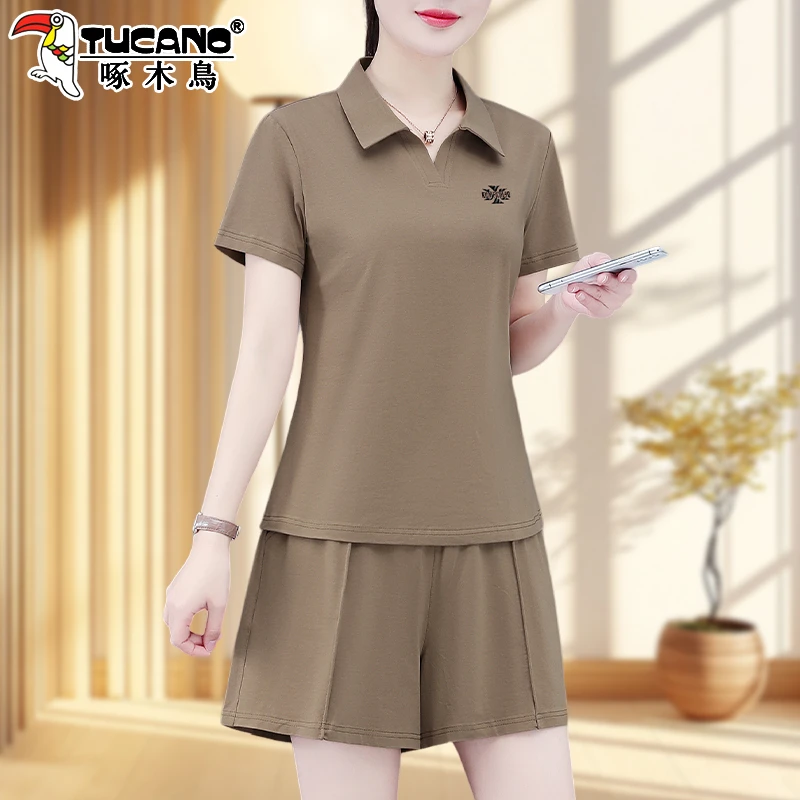 啄木鸟时尚五十多岁妈妈夏装2025新款女士短袖短裤休闲运动套装女
