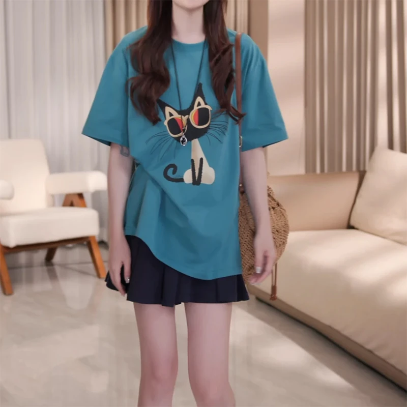 设计感小众卡通猫咪短袖T恤女夏季2025新款宽松时尚洋气百搭上衣