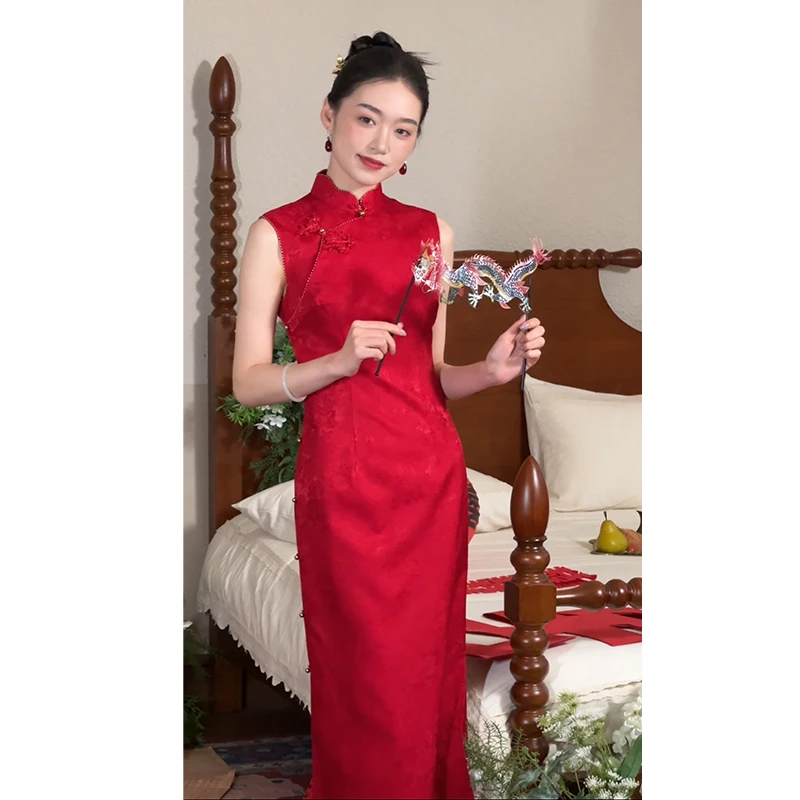 【金韵芳华】良辰媄锦桑蚕丝全开襟红色古法手工长款旗袍衣长130CM