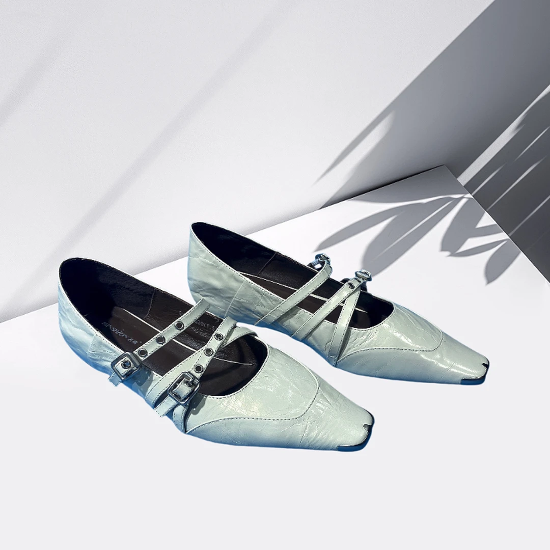 2025春季新款拼接方头玛丽珍鞋真皮一字扣带复古浅口单鞋粗跟女鞋