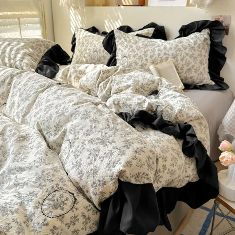 水星高端家纺法式ins赫本风黑色花边碎花水洗棉四件套床单学生被