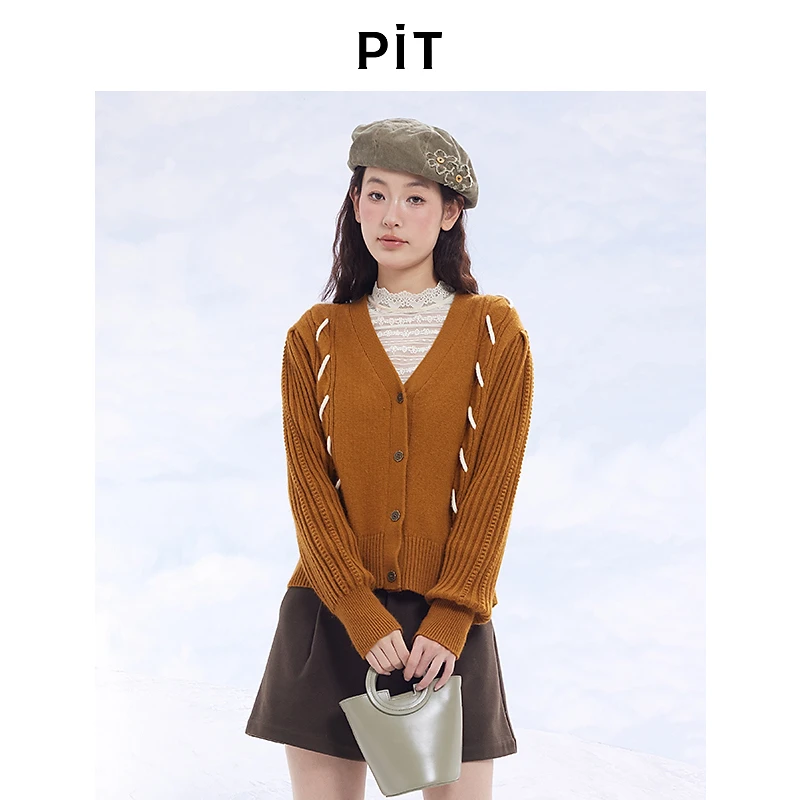 pit2024年秋冬复古色调条纹针织休闲舒适V领百搭开衫兔毛绵羊毛衣