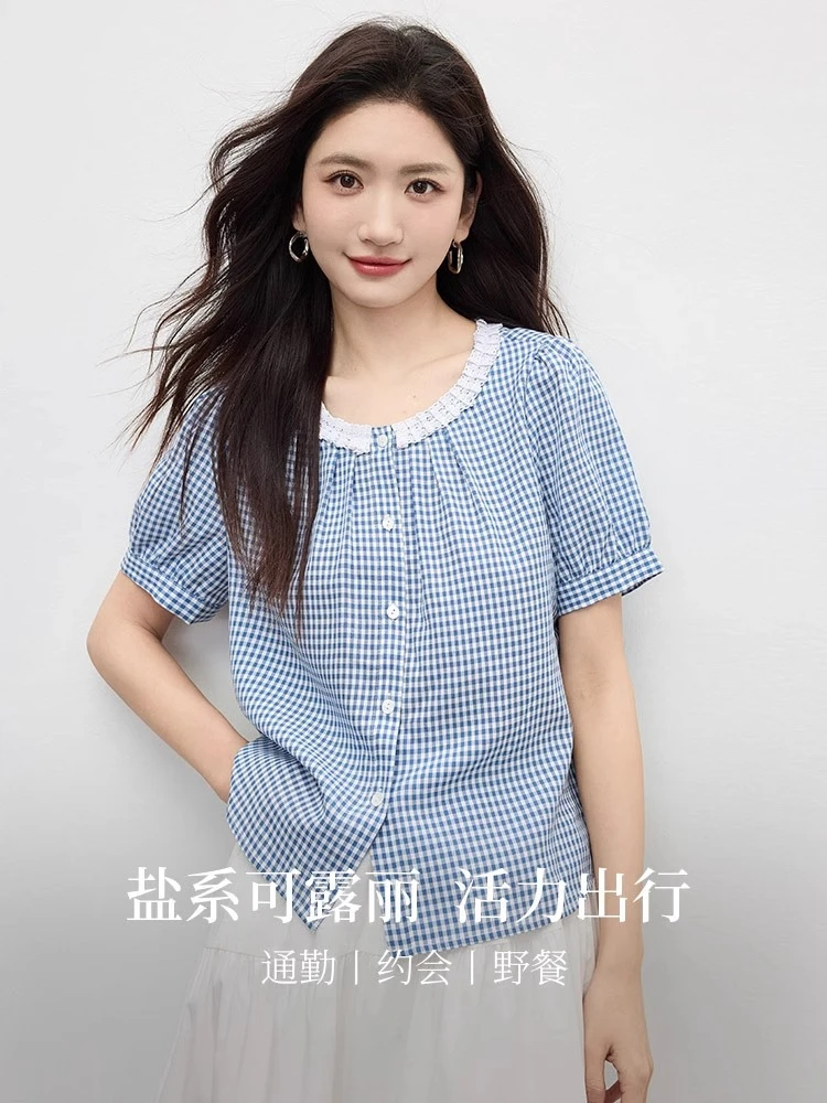 蓝色格子衬衫女2025夏季新款撞色花边领泡泡袖上衣