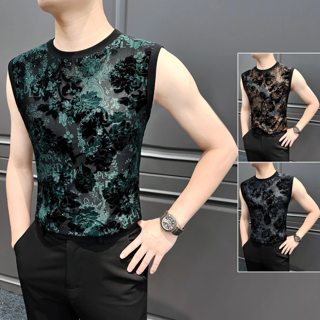 国风镂空刺绣无袖坎肩背心短袖男款爆款2025新款夏季爆款痞帅T恤