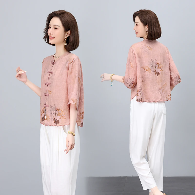 纽扣常规袖印花刺绣花色薄款衬衫中式民族风夏装时尚显瘦气质洋气