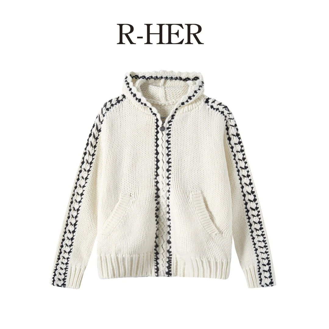 R-HER【麻花针织】绵羊毛手工钩织拼接连帽女士宽松毛衣针织衫外套