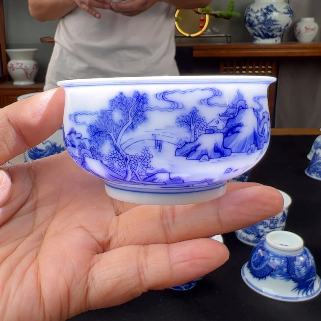 柴窑青花康熙山水炉式杯。微瑕微变