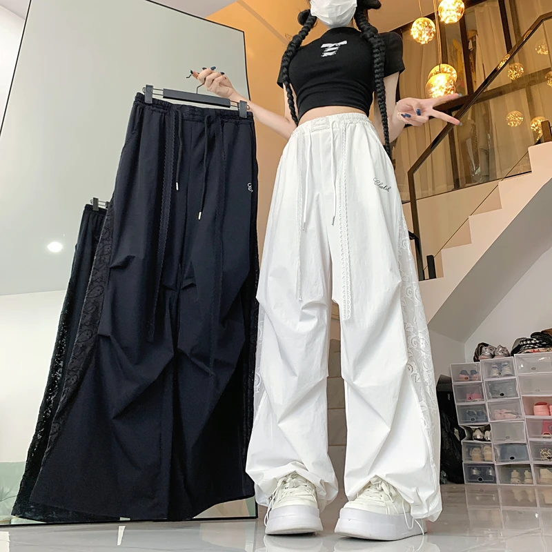 美式潮牌蕾丝拼接褶皱工装裤女夏新款松紧腰爵士舞辣妹运动休闲裤