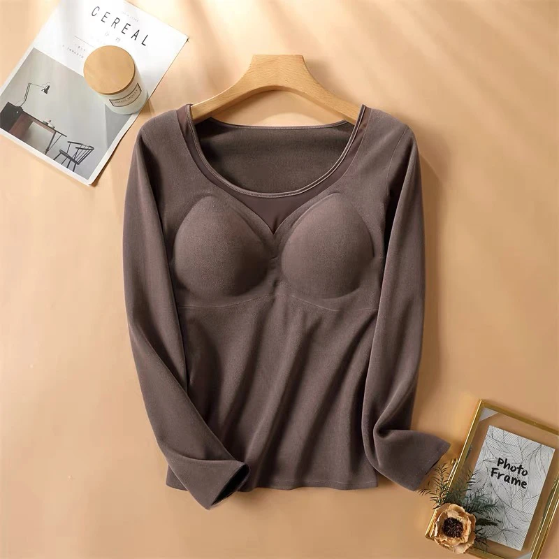 8202秋冬石墨烯带胸垫固定杯磨毛加厚长袖修身圆领紧身保暖打底衫