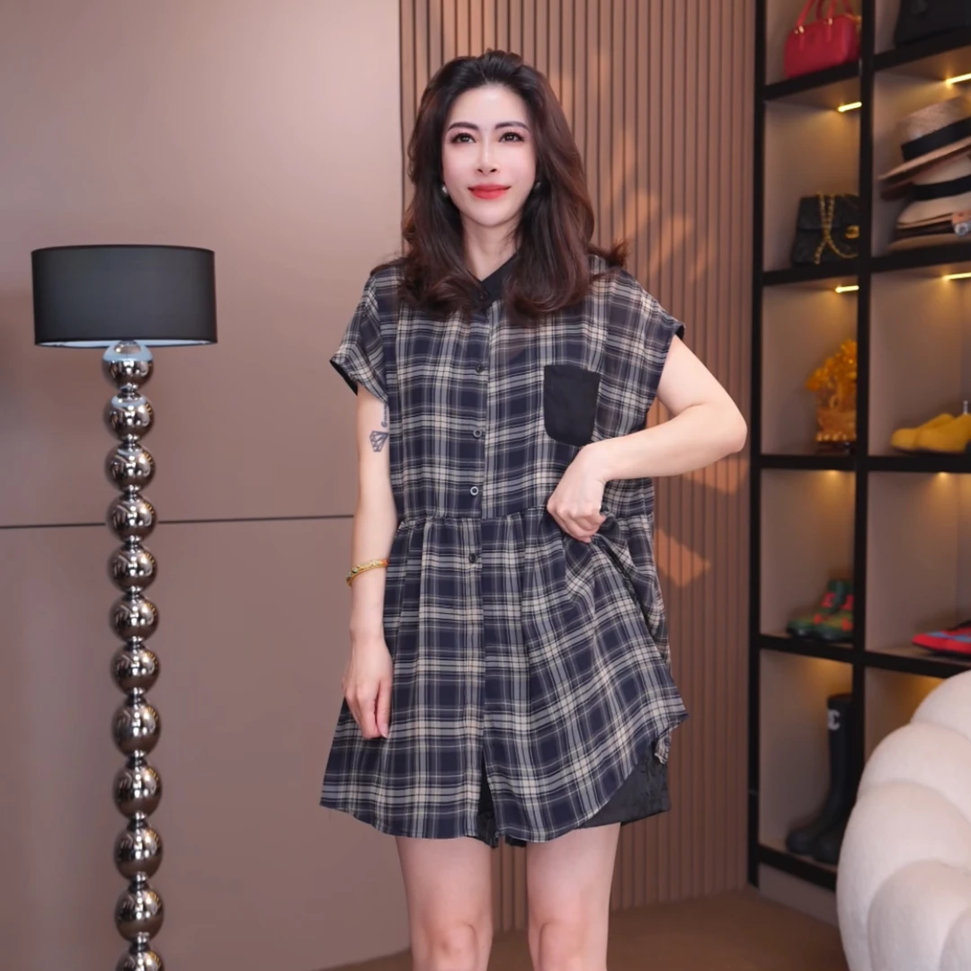 9526#《榜衣》韩版夏季复古风新款时尚格子拼色落肩女娃娃衫休闲风