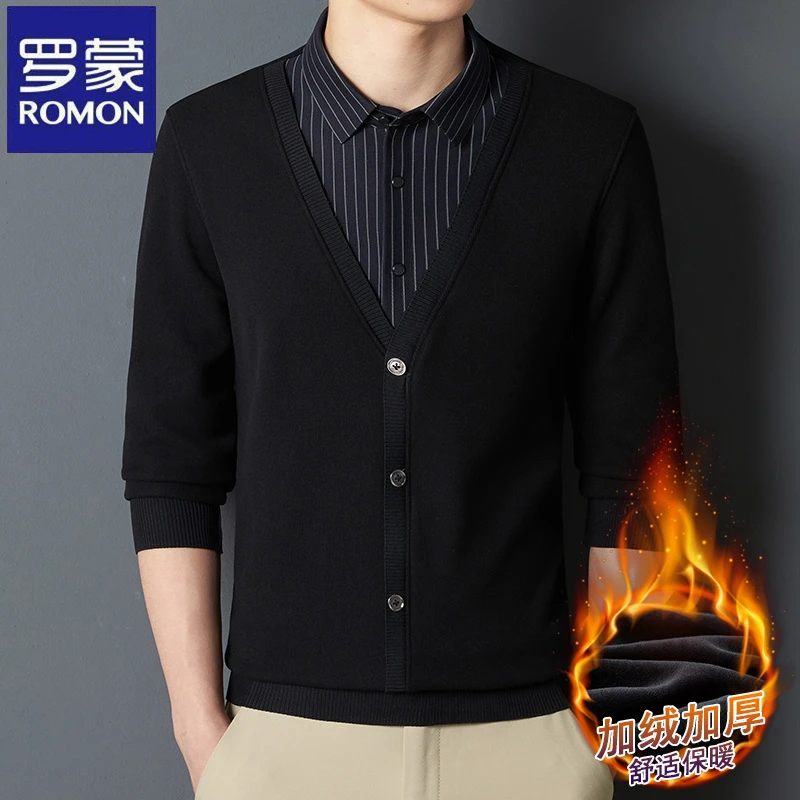 下架高档商务职业男士假两件毛衣秋冬季加绒加厚气质时尚针织衫潮