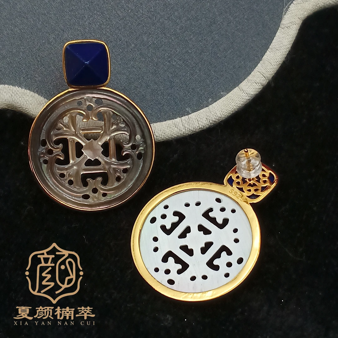 【夏颜楠萃】青金S925银 镂空花纹圆形耳饰