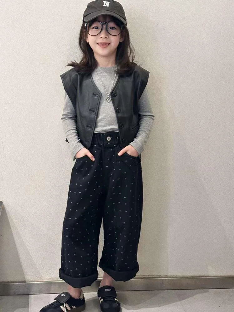 韩国童装2025新款秋装女童套装时髦打底衫爆款皮衣马甲牛仔裤潮