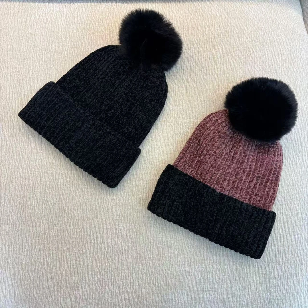 【特价】CMZ1621 意大利客人订单 丝绒针织毛球翻边撞色加绒帽子